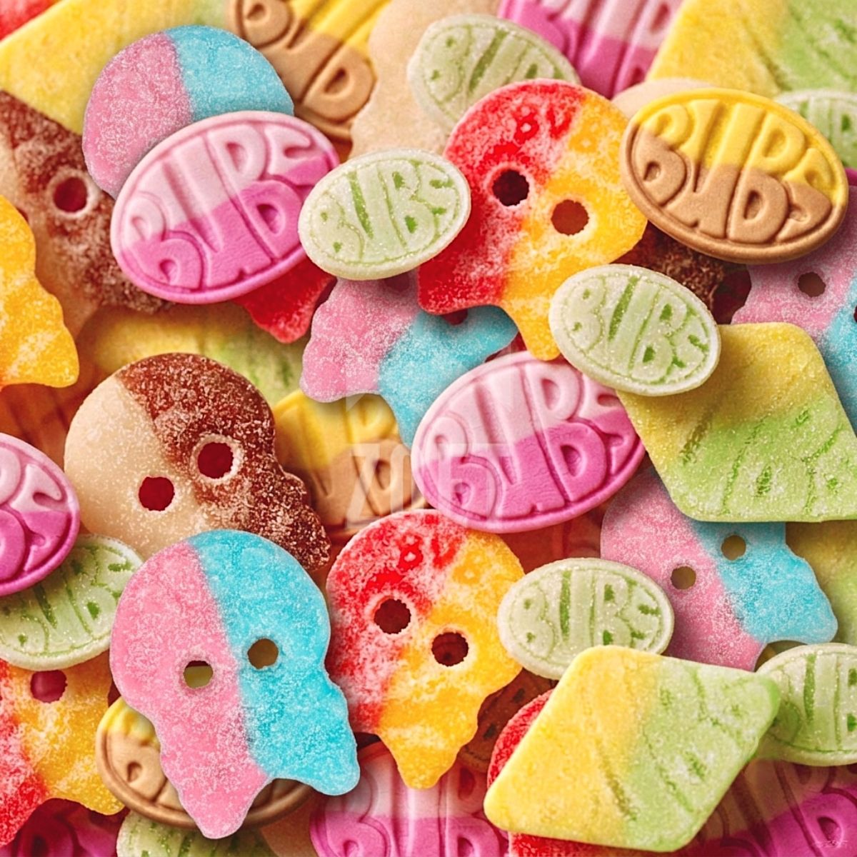 Mix van verschillende Bubs Swedish Candy snoepjes in roze, geel, groen, rood en bruin