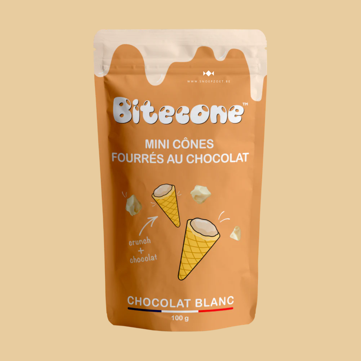 Bitecone minihoorntje met witte chocoladevulling en witte chocoladetopping