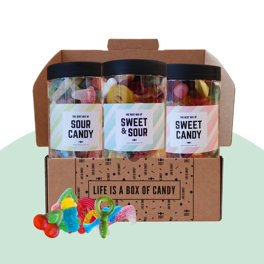 Verwenpakket geschenkdoos 3 verschillende snoeppotten, zoete, zure en gemengde snoepjes.