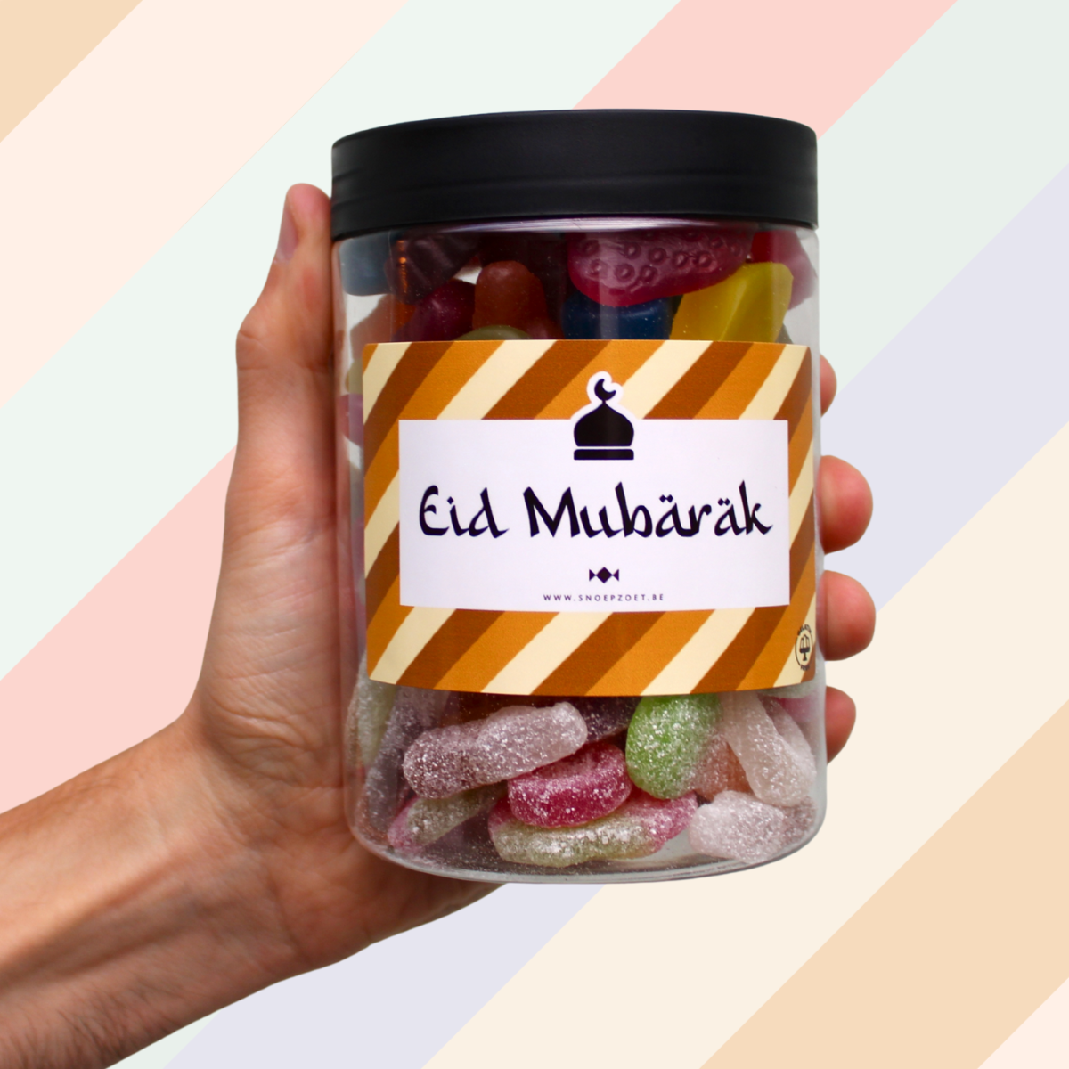 candy jar eid mubarak snoeppot gevuld met kleurrijke mix van zoete en zure snoepjes, feestelijke eid mubarak sticker