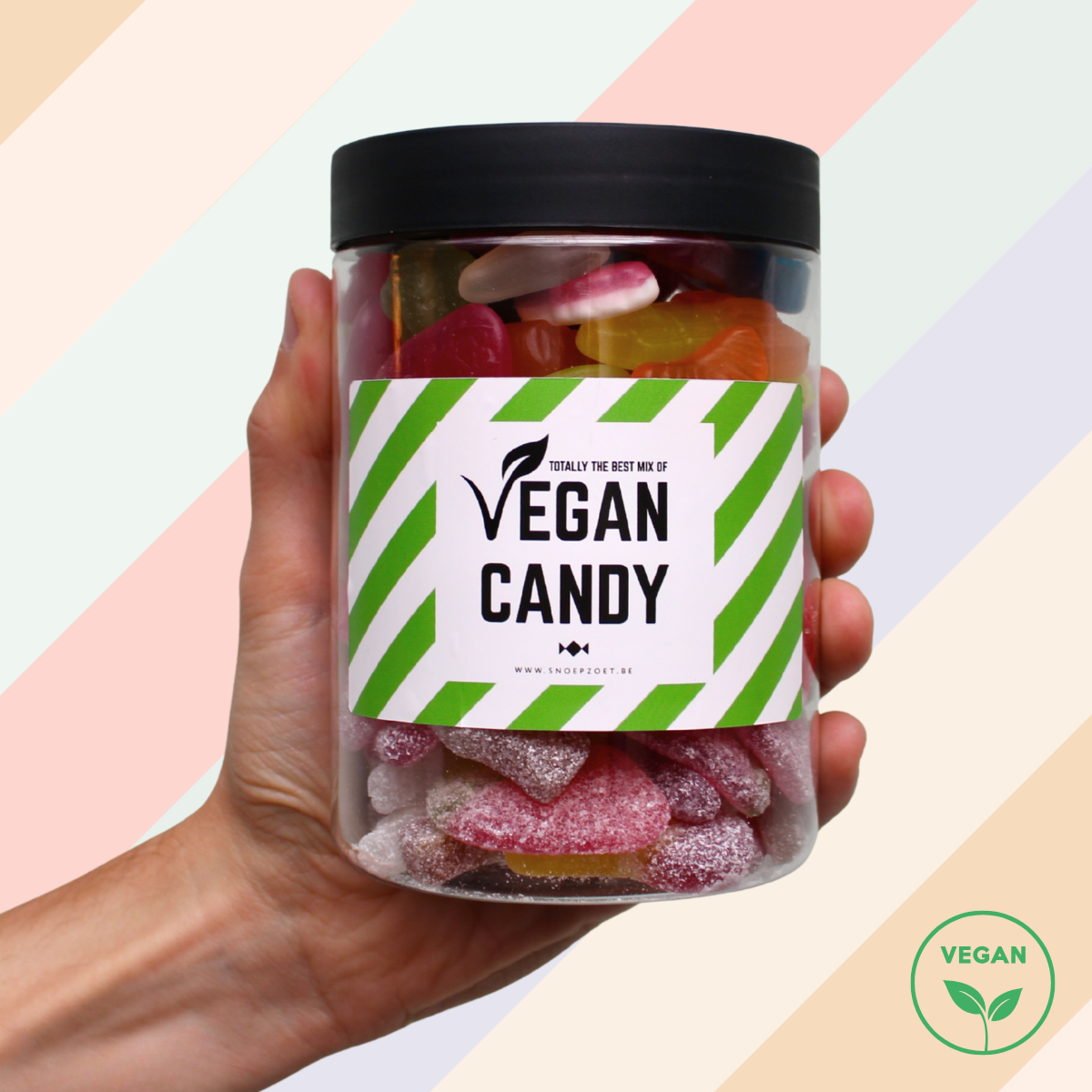 candy jar vegan snoeppot gevuld met kleurrijke mix van zoete en zure vegan snoepjes