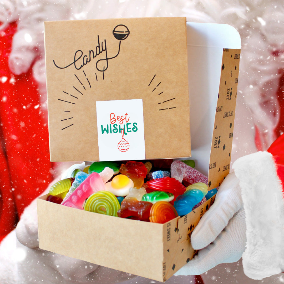 Snoepdoosje met sticker Best Wishes in feestelijke eindejaarsverpakking