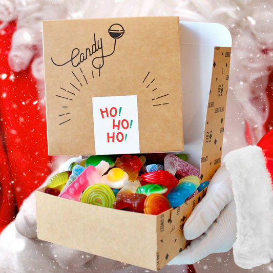 Snoepdoosje met sticker Ho! Ho! Ho! in klassieke kerststijl