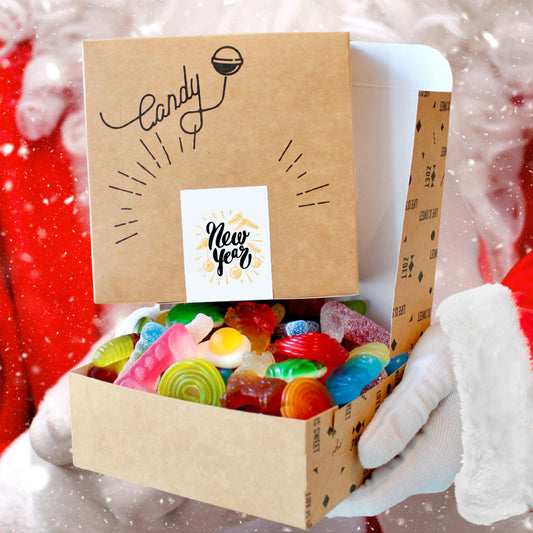 Snoepdoosje met sticker Happy New Year in kerst- en nieuwjaarsthema
