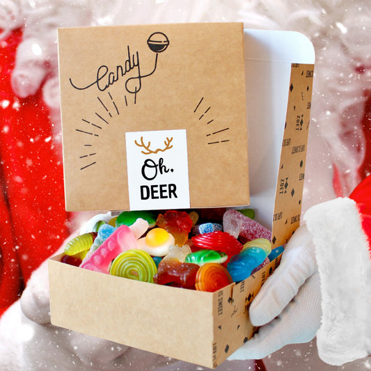 Snoepdoosje met sticker Oh Deer in kerstthema met rendierdesign