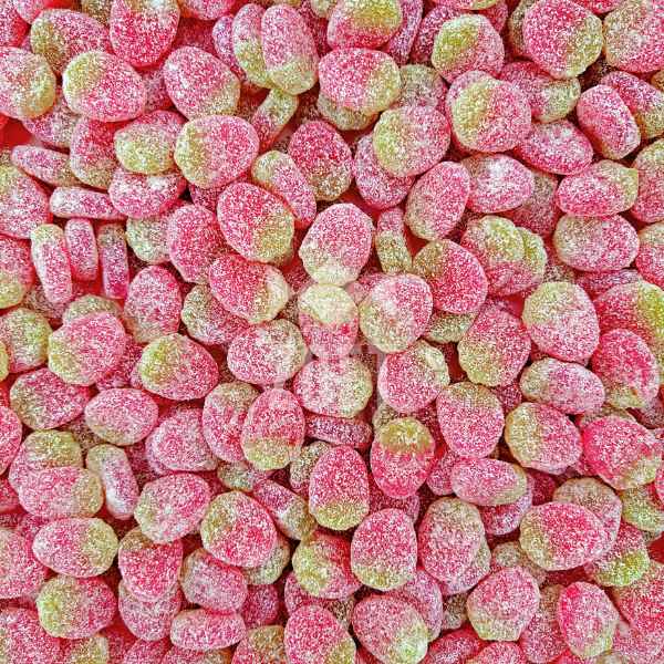 Frisia Zure Mini Aardbeien - roze-rode snoepjes met groen kroontje in aardbeivorm