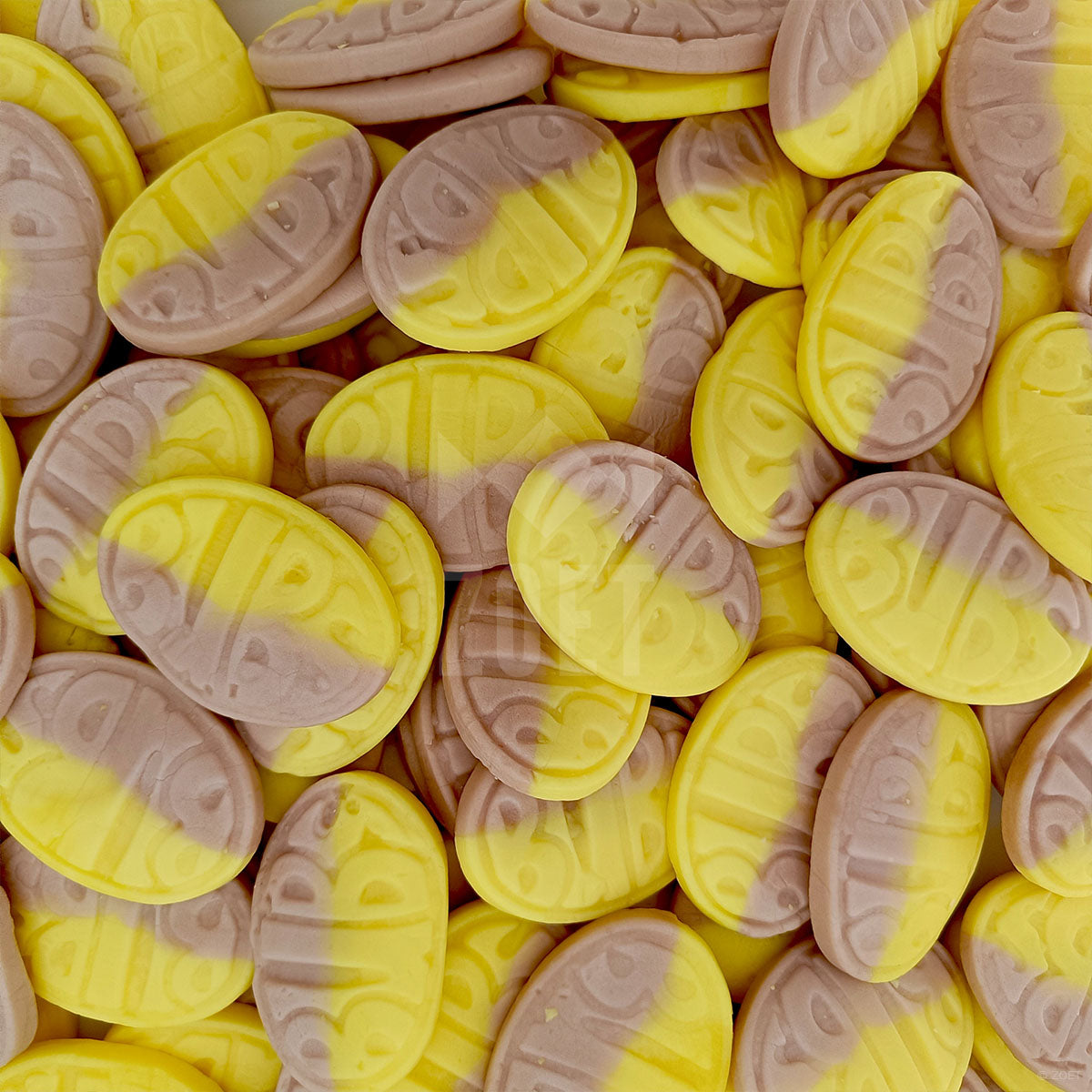 bubs banana snoepjes, ovale gele vorm, zachte schuimstructuur, bananensmaak, vegan