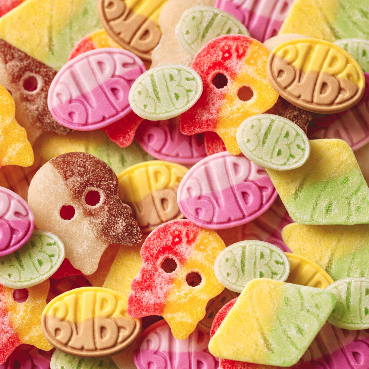 Mix van verschillende Bubs Swedish Candy snoepjes in roze, geel, groen, rood en bruin