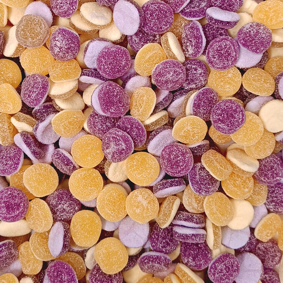 Haribo Passion Fruit Party - paarse en gele ronde schijfjes