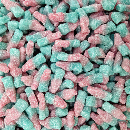 frisia zure bubblegum flesjes snoepjes, blauw roze flesvorm, zure coating, bubblegum smaak