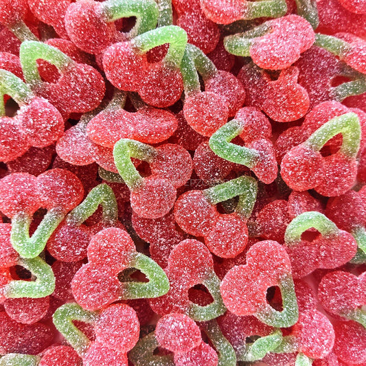 haribo zure kersen snoepjes, rode kers met groene steel, zure coating