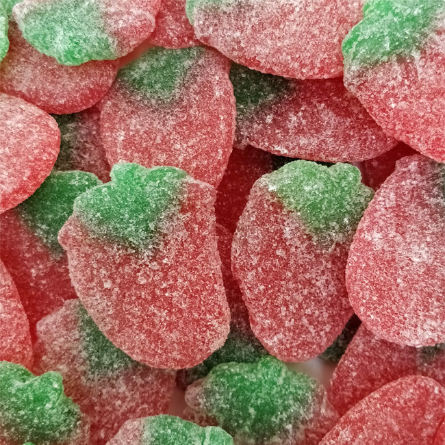 frisia gesuikerde aardbeien snoepjes, felrode aardbeivorm, suikerlaagje, gelatinevrij vegan