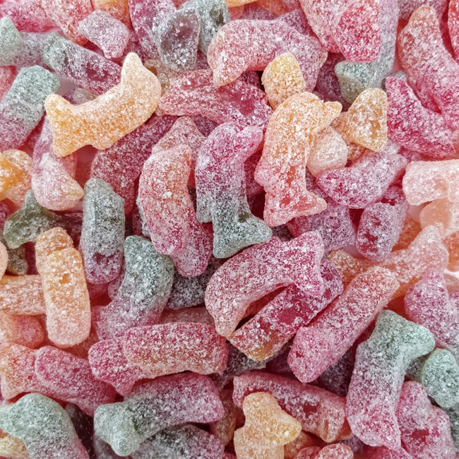 geldhof zure dolfijnen snoepjes, meerkleurige dolfijnvorm, zure coating, fruitige smaken