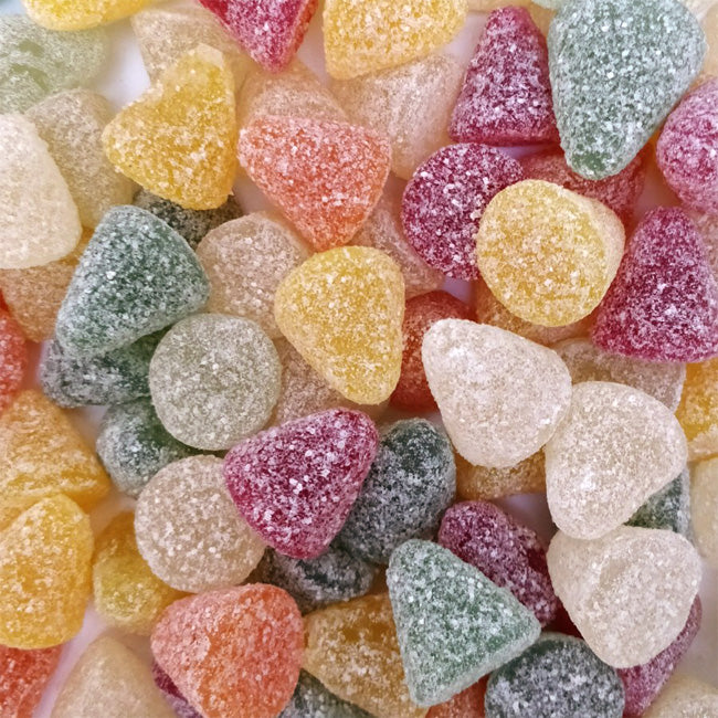 geldhof zure neusjes snoepjes, kleurrijke piramidevorm, zure suikerlaag
