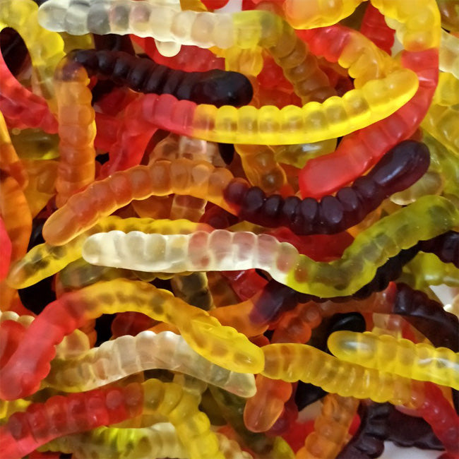haribo gloeiwormen snoepjes, kleurrijke tweekleur gummy worm, fruitige smaken