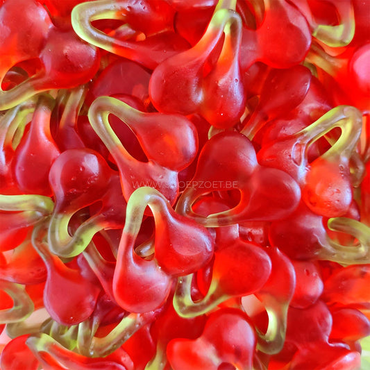 haribo kersen snoepjes, rode duo kers met groene steel, chewy textuur, kersensmaak