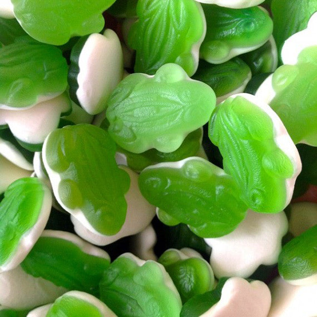haribo kikkers snoepjes, groene kikkervorm met witte buik, fruitige smaak