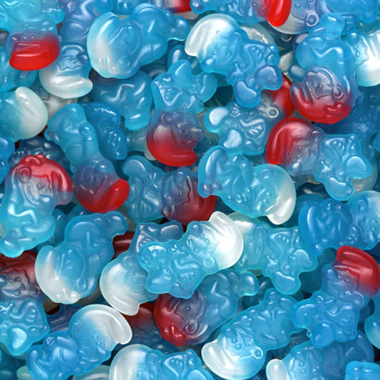 haribo smurfen snoepjes, blauwe smurfvorm, aardbei en framboos smaken
