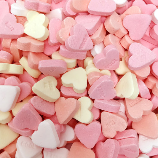 zummies suikerhartjes snoepjes, pastel hartvorm, dextrose, knapperige textuur