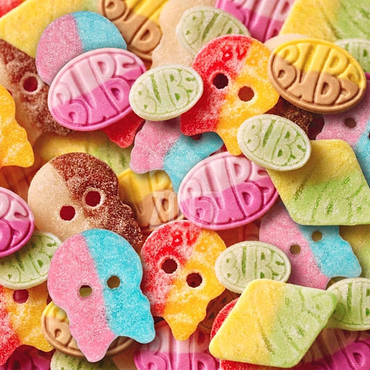 Mix van verschillende Bubs Swedish Candy snoepjes in roze, geel, groen, rood en bruin