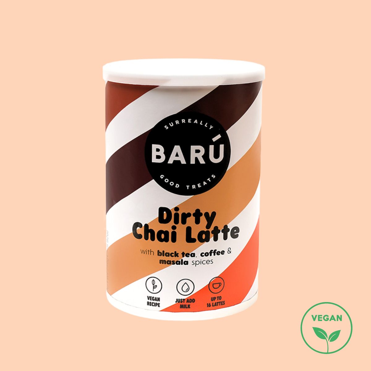 BARÚ Dirty Chai Latte met zwarte thee, espresso, kaneel, gember en kardemom, vegan en goed voor ongeveer 16 latte’s.