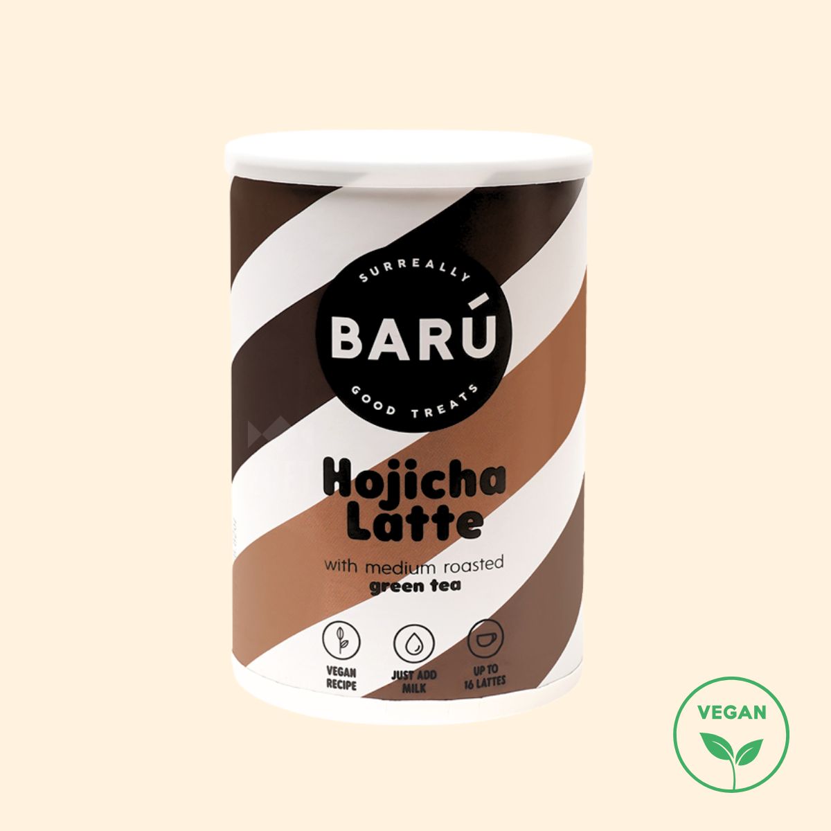 BARÚ Hojicha Latte van geroosterde groene thee met een zachte, rokerige en nootachtige smaak, vegan en goed voor ongeveer 16 latte’s.