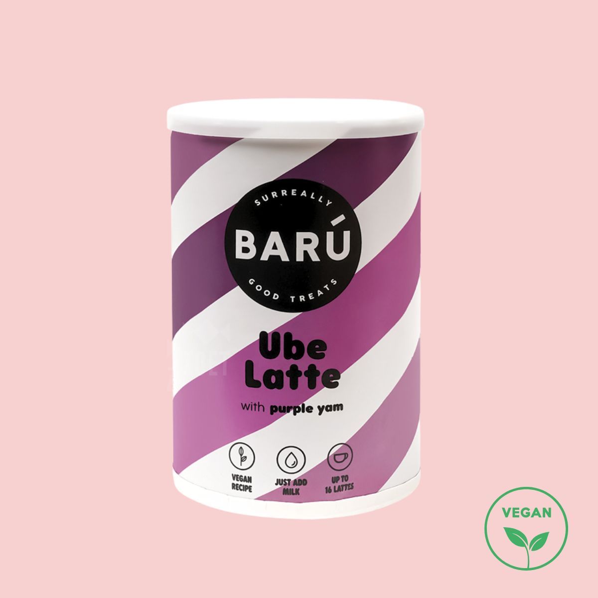 BARÚ Ube Latte poeder voor een paarse latte met zachte smaak van vanille en hazelnoot, vegan en goed voor ongeveer 16 latte’s.