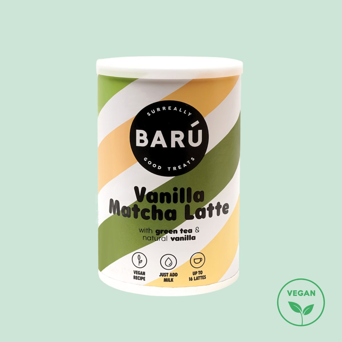 BARÚ Vanilla Matcha Latte met groene thee en zachte vanillesmaak, vegan en goed voor ongeveer 16 latte’s.