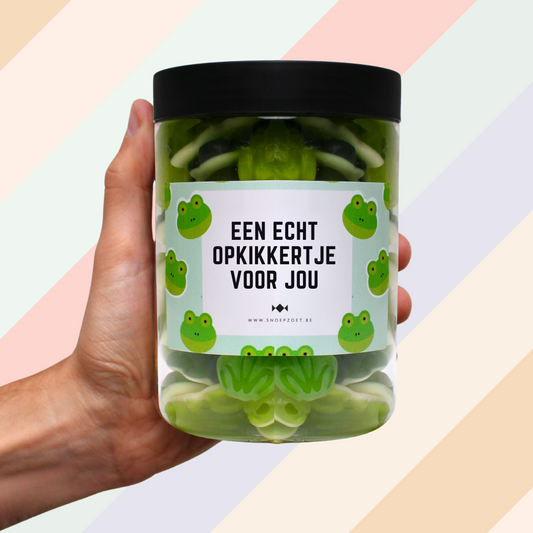 candy jar opkikkertje snoeppot gevuld met groene kikkertjes snoepjes, ludiek cadeautje