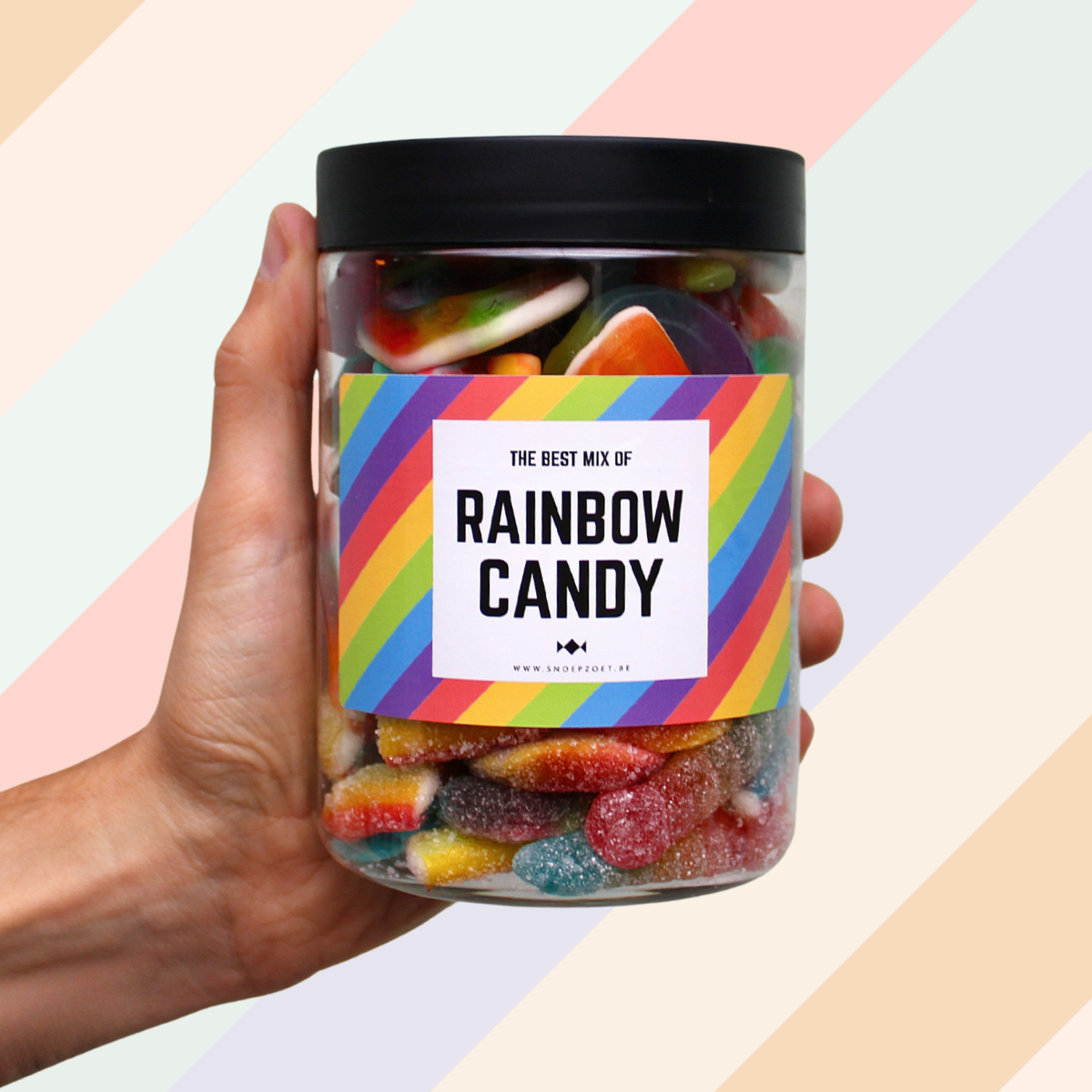 candy jar rainbow candy snoeppot gevuld met kleurrijke snoepjes in regenboog kleuren