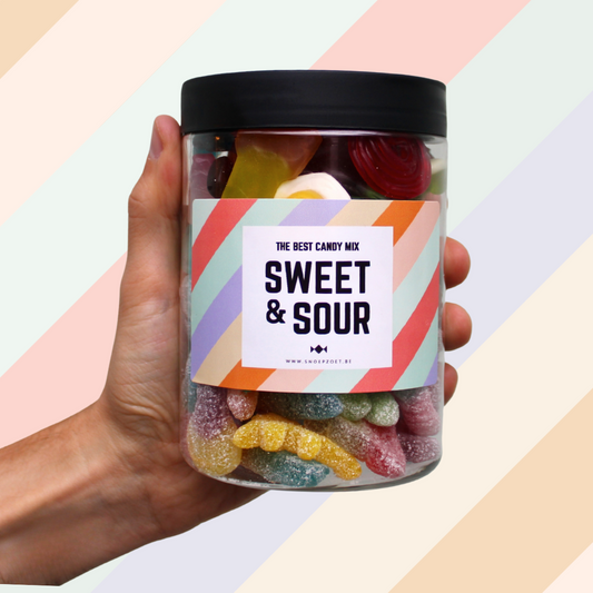 candy jar sweet & sour candy snoeppot gevuld met mix van zoete en zure snoepjes, populairste snoepmix