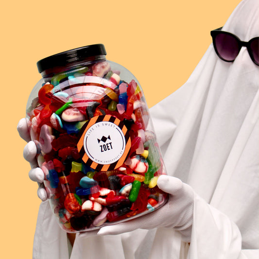 candy jar xxl halloween snoeppot gevuld met 3,5 kg halloween snoepjes zoals oogballen, wormen, vingers, pompoentjes, vleermuizen en draculatanden