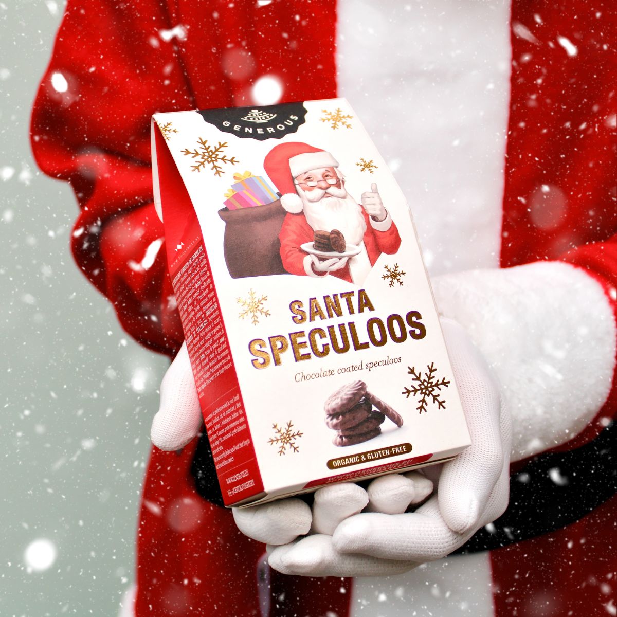 Verpakking met Santa Cookies van Generous – glutenvrije koekjes met chocolade