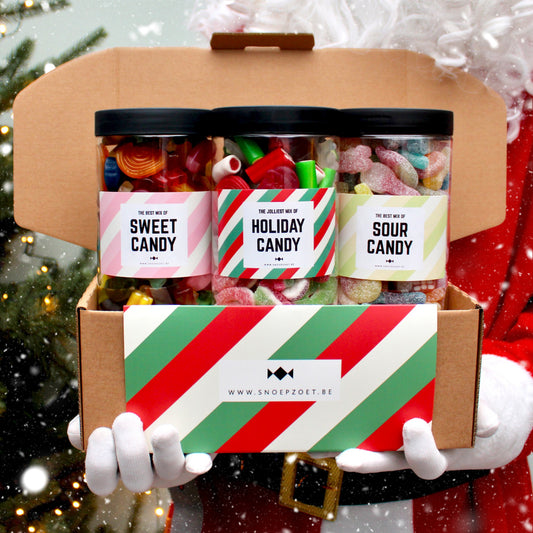 Geschenkbox met 3 grote Candy Jars gevuld met kerst-, zure en zoete snoepjes