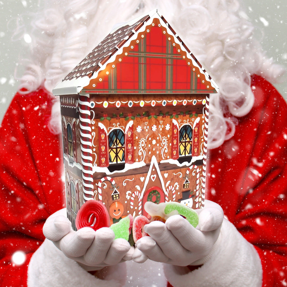 Blikken kersthuisje gevuld met 1 kg kerstsnoep in feestelijke vormen en kleuren