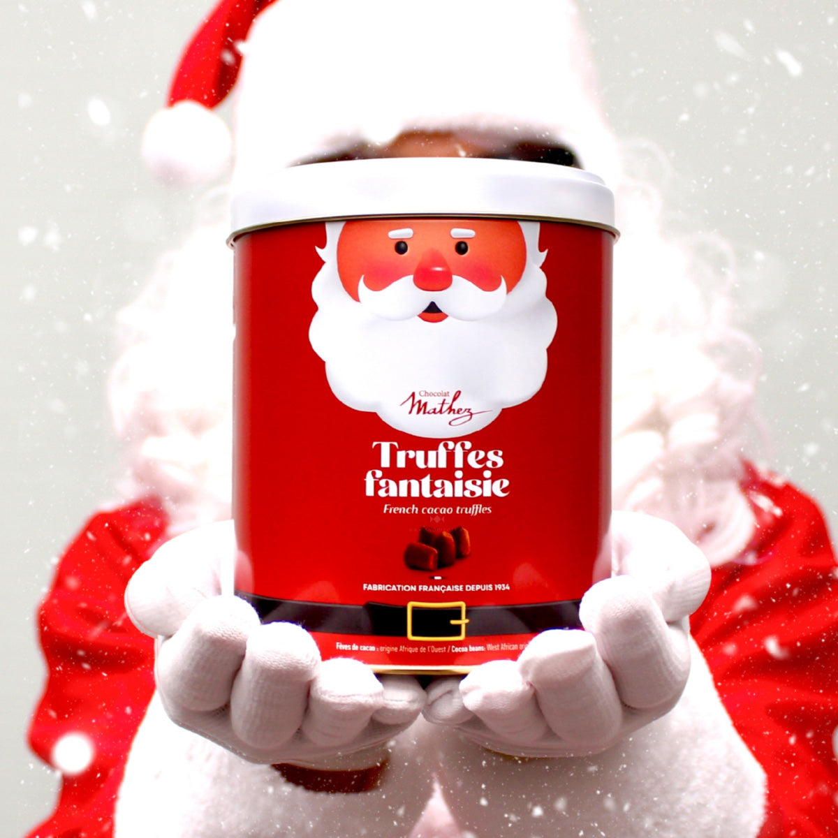 Tinnen kerstblik met afbeelding van kerstman, gevuld met Franse chocoladetruffels