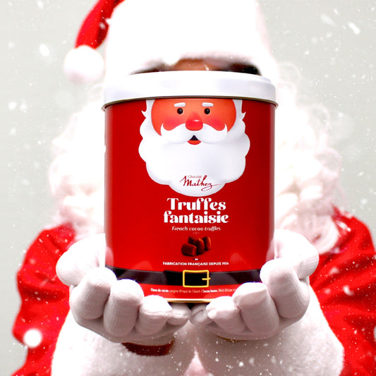 Tinnen kerstblik met afbeelding van kerstman, gevuld met Franse chocoladetruffels