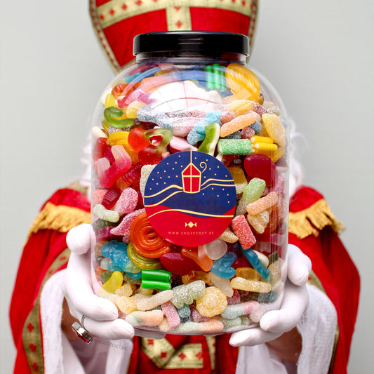 sinterklaas candy jar xxl snoeppot gevuld met 3,5 kg snoepmix, feestelijke sinterklaas sticker