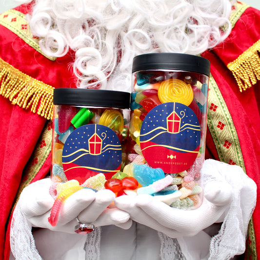 sinterklaas candy jar snoeppot gevuld met mix van zoete en zure snoepjes, verkrijgbaar in 500g en 700g met sinterklaas sticker