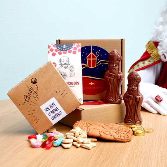 sinterklaas geschenkpakket large met 2 chocolade sinterklaas figuren, speculaas, generous koekjes, nicnacjes en snoepdoosje 450g in geschenkdoos