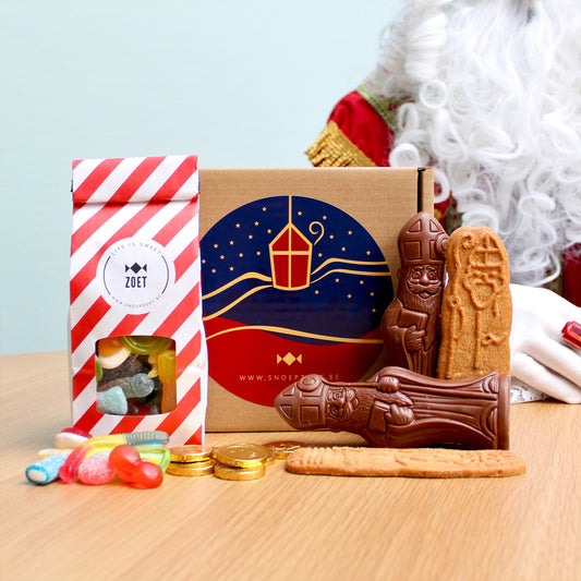 sinterklaas geschenkpakket met snoepzakje 250g, 2 chocolade sinterklaas figuren, speculaas en chocolademunten in geschenkdoos