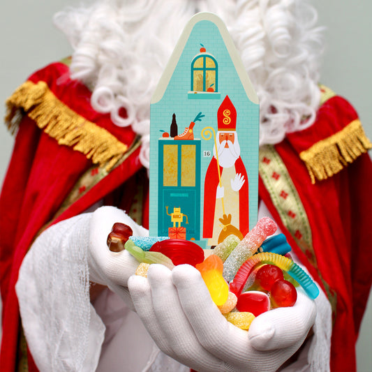 sinterklaas snoephuisje doosje in huisvorm gevuld met 500g snoepzakje kleurrijke snoepjes