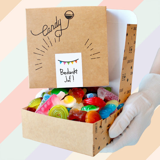 Bedankt Juf snoepdoosje van ZOET met vers snoep, ideaal als eindejaarsgeschenk of bedankje voor de juf
