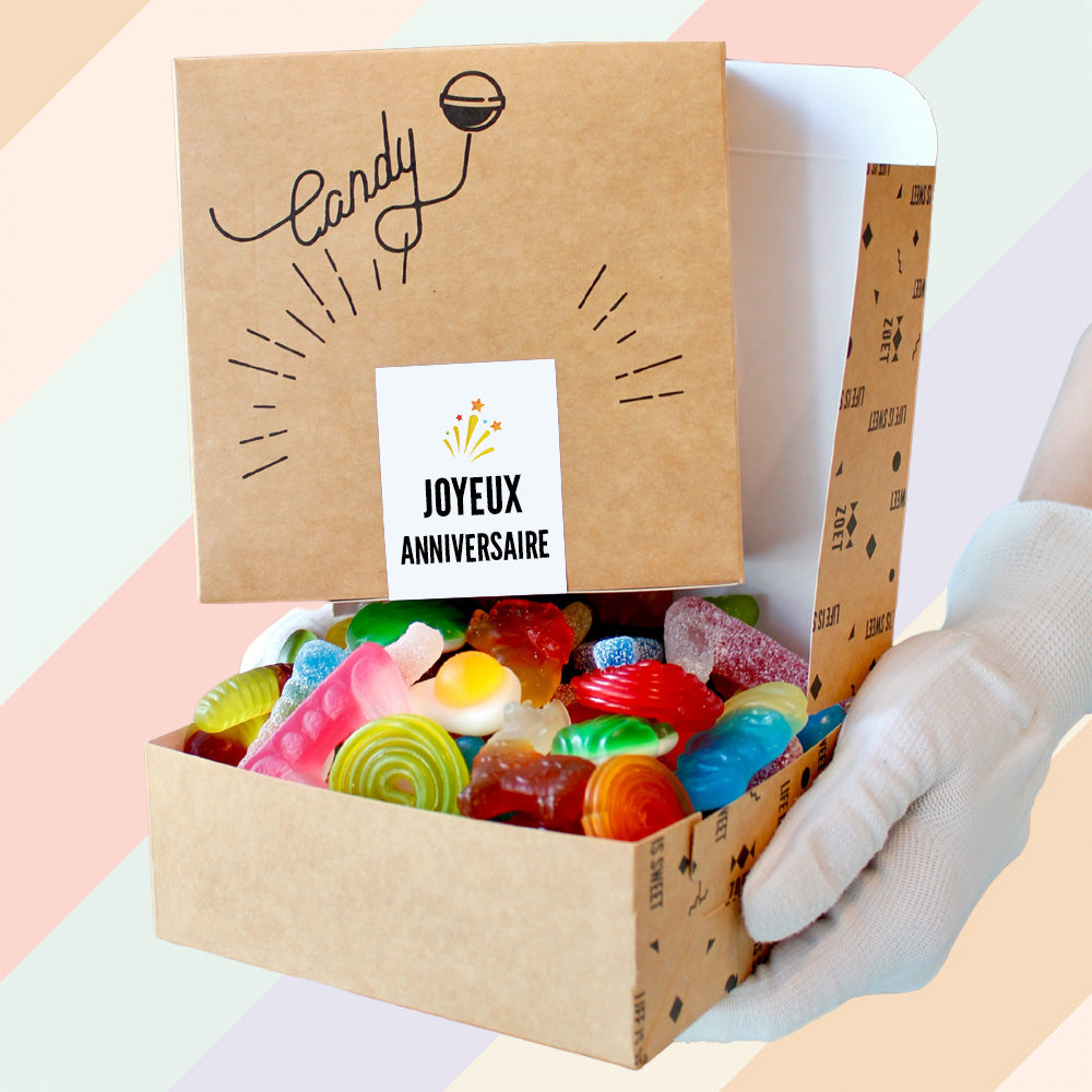 Joyeux Anniversaire snoepdoosje van ZOET met vers snoep, ideaal als verjaardagsgeschenk met Franse flair