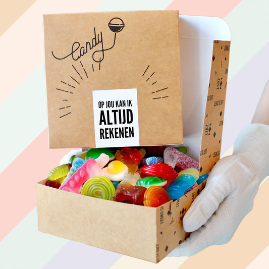 Op jou kan ik altijd rekenen snoepdoosje van ZOET met vers snoep, ideaal als persoonlijk bedankje of waarderingsgeschenk