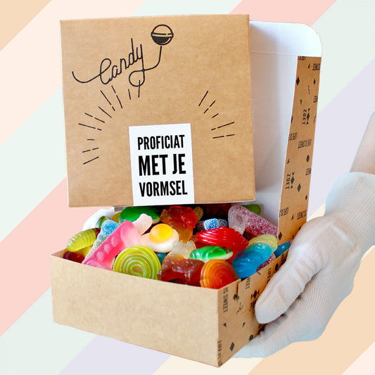 Proficiat met je vormsel snoepdoosje van ZOET met vers snoep, ideaal als geschenk bij een vormselviering