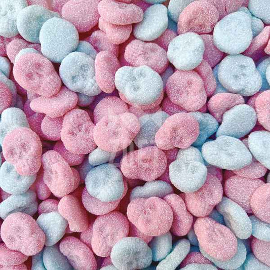 Frisia Zure Bubblegum Skulls - lichtroze en lichtblauwe snoepjes in de vorm van schedels