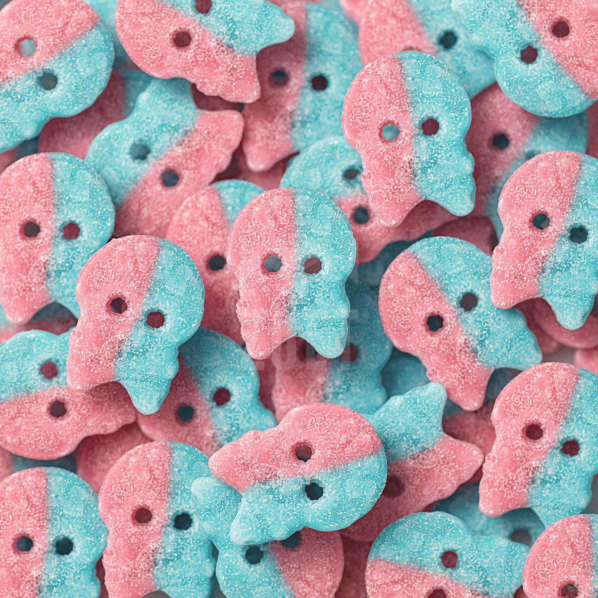 Bubs Dizzy Skalle Swedish Candy schedelvormige snoepjes in roze en blauw