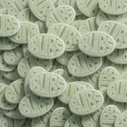bubs sura päron ovaler snoepjes, ovale groen-witte vorm, zure coating, perensmaak, vegan