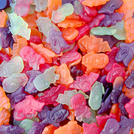 monstermix halloween snoepjes, vegan mix met heks, schedel, vleermuis en frankenstein in oranje rood groen en paars